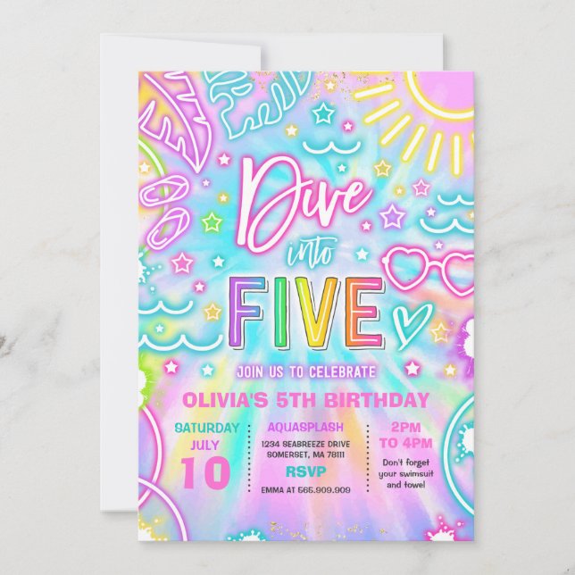 Dive Into Five 5th Birthday Pool Party  Invitation (Front)