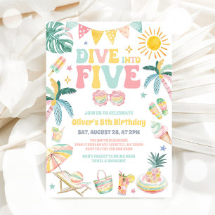 Dive Into Five Beach Party Summer 5th Birthday  Invitation