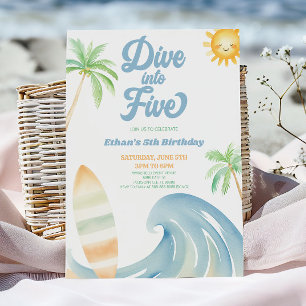 Dive Into Five Beach Surf Blue 5th Birthday Party Invitation