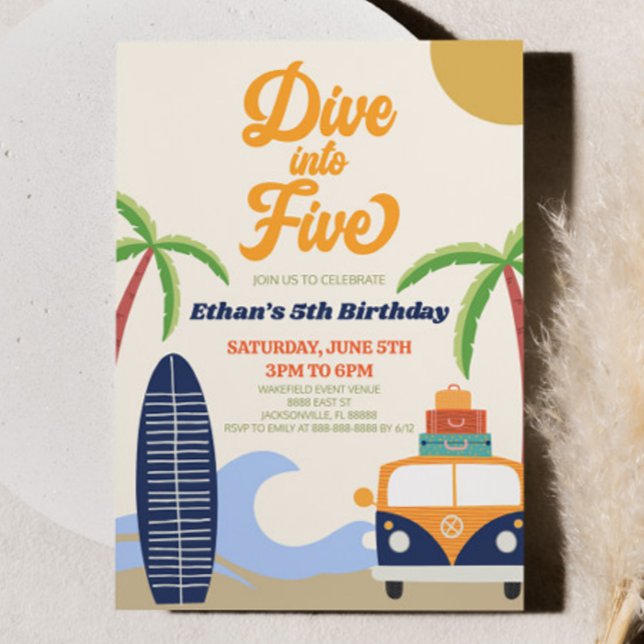 Dive Into Five Beach Surf Retro 5th Birthday Party Invitation (Creator Uploaded)