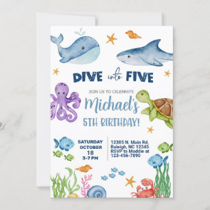 Dive into five boy 5th birthday sea life invite. invitation