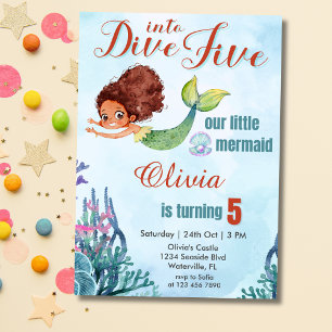 Dive into Five Brown Mermaid 5th Birthday Girl Invitation