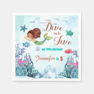 Dive into Five Brown Mermaid 5th Birthday Girl Napkin