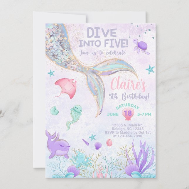 Dive into five girl 5th birthday mermaid invite. invitation (Front)