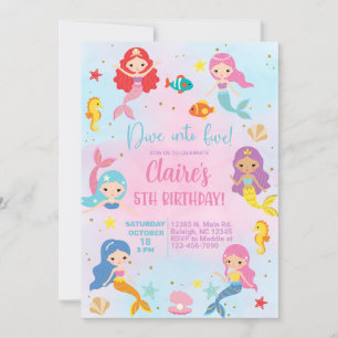 Dive into five girl 5th birthday mermaids invite. invitation