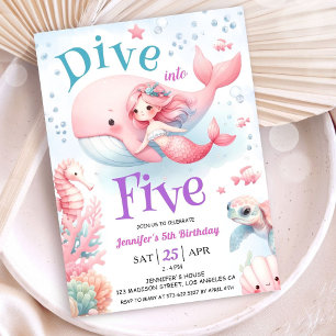 Dive Into Five! Girl Pink Mermaid 5th Birthday Invitation