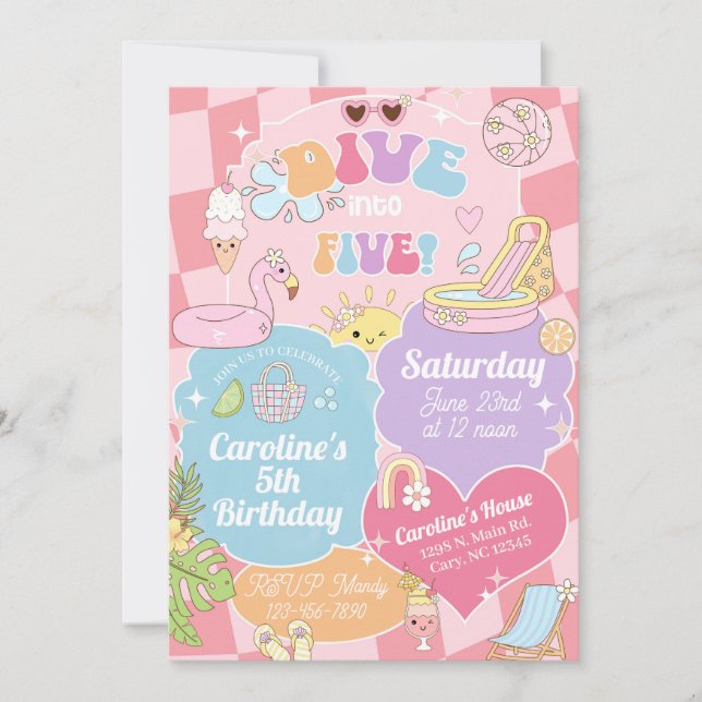 Dive into Five girl pool birthday invite. Invitation (Front)