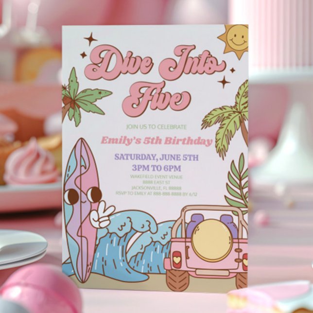 Dive Into Five Groovy Retro 5th Birthday Party Invitation (Creator Uploaded)
