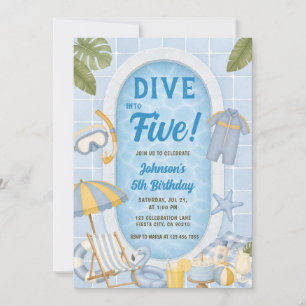 Dive into Five Kid's Boy Summer Pool Party Invitation