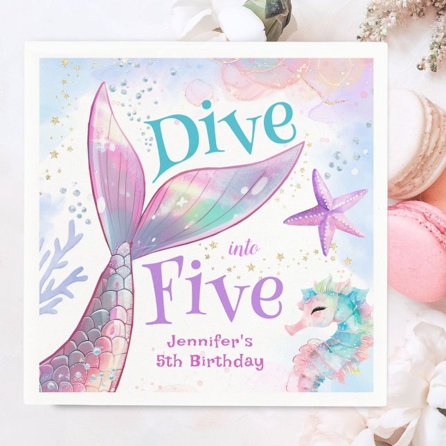 Dive into Five Mermaid 5th Birthday Paper Napkin (Creator Uploaded)