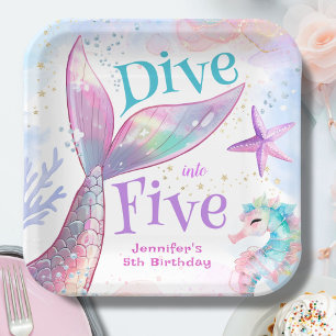 Dive into Five Mermaid 5th Birthday Paper Plate