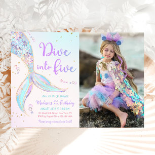 Dive Into Five Mermaid 5th Birthday Party Photo Invitation