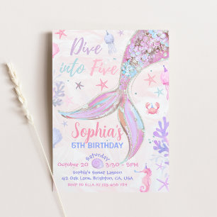 Dive Into Five Mermaid Birthday Girl Pastel Pink Invitation