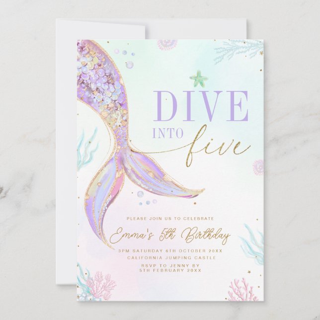 Dive into Five Mermaid Birthday Invitation Editabl (Front)