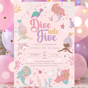 Dive Into Five Mermaid Invitation - Pink Girl 5th 