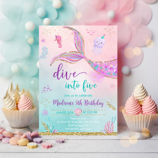 Dive Into Five Mermaid Pink Purple 5th Birthday Invitation