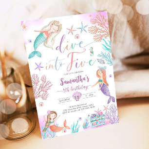 Dive Into Five Mermaid Under The Sea 5th Birthday  Invitation