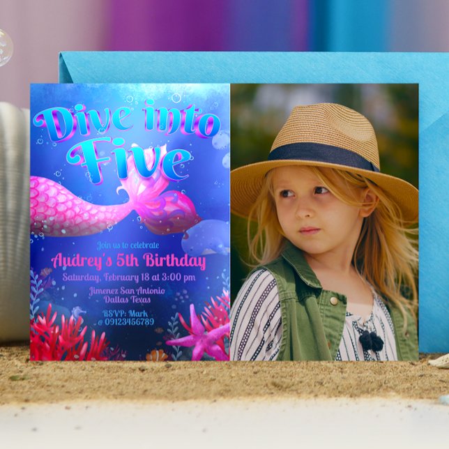 Dive into Five - Mermaid with Photo Landscape Invitation (Dive into Five - Girl Mermaid 5th Birthday Landscape Invitation with Picture)