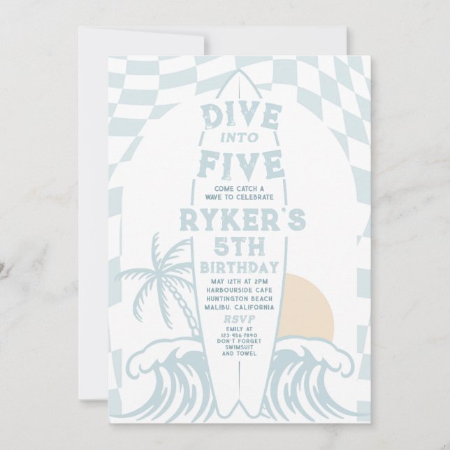 Dive Into Five Modern Surf Surfboard 5th Birthday  Invitation (Front)