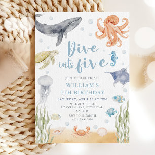 Dive Into Five Ocean Animals 5th Birthday Invitation