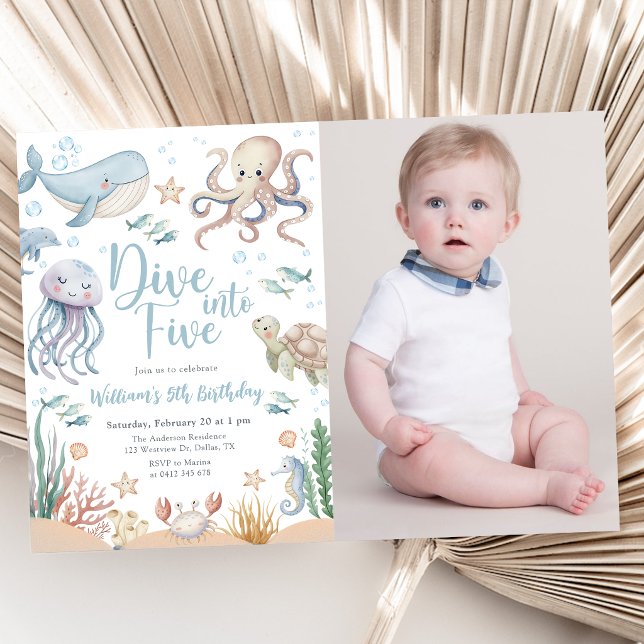Dive Into Five Ocean Animals 5th Birthday Photo Invitation (Creator Uploaded)