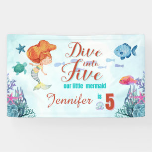 Dive into Five Orange Mermaid Girls 5th Birthday Banner