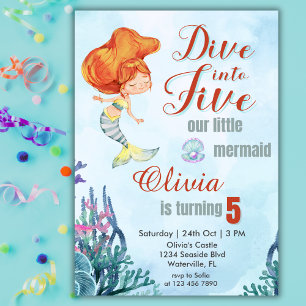 Dive into Five Orange Mermaid Girls 5th Birthday Invitation