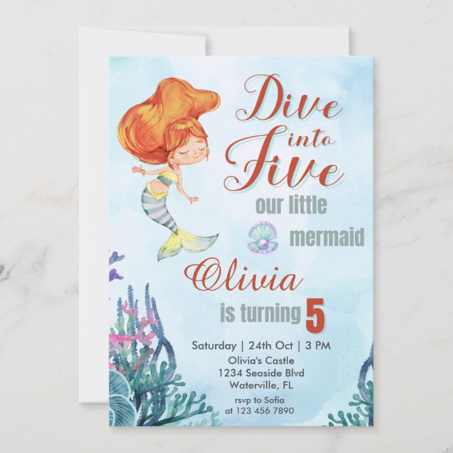 Dive into Five Orange Mermaid Girls 5th Birthday  Invitation (Front)