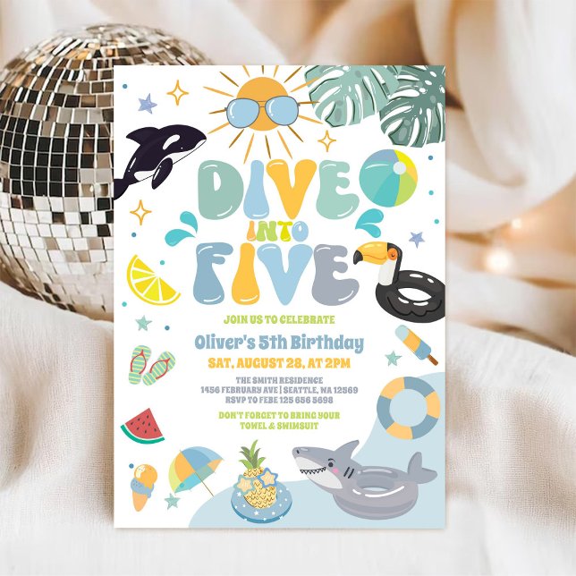 Dive Into Five Pool Party Summer 5th Birthday Invitation (Creator Uploaded)