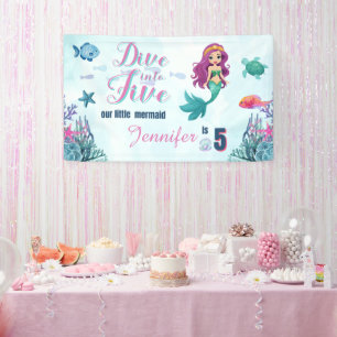 Dive into Five Purple Mermaid Girls 5th Birthday Banner