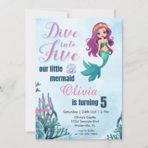 Dive into Five Purple Mermaid Girls 5th Birthday Invitation