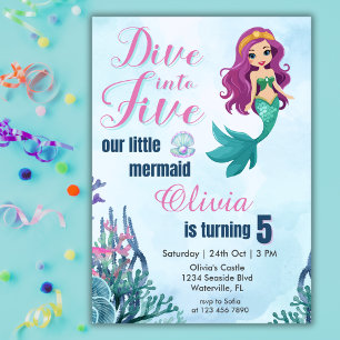 Dive into Five Purple Mermaid Girls 5th Birthday Invitation