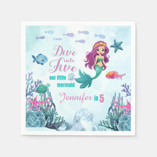 Dive into Five Purple Mermaid Girls 5th Birthday Napkin