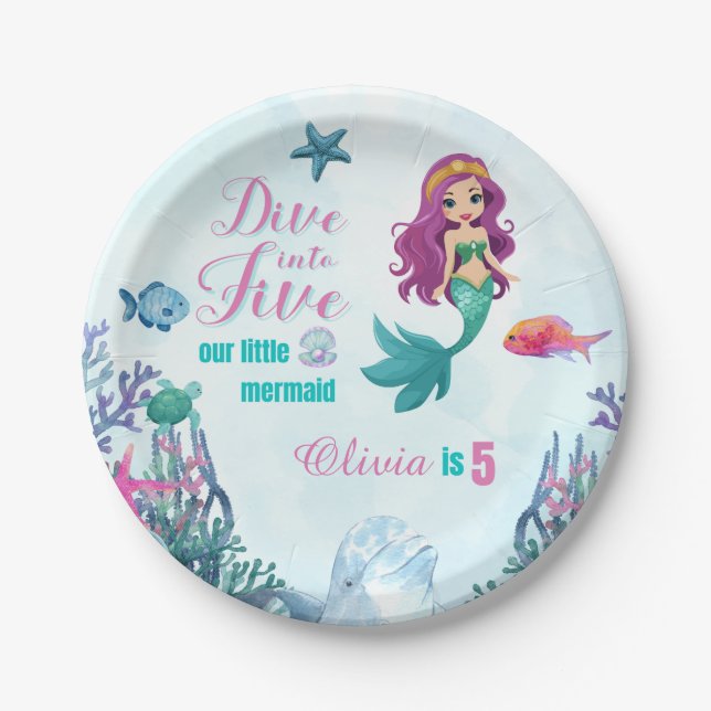 Dive into Five Purple Mermaid Girls 5th Birthday Paper Plate (Front)