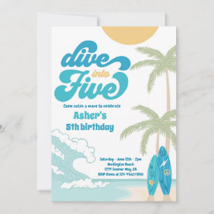 Dive Into Five Retro Surf 5th Birthday Party Invitation