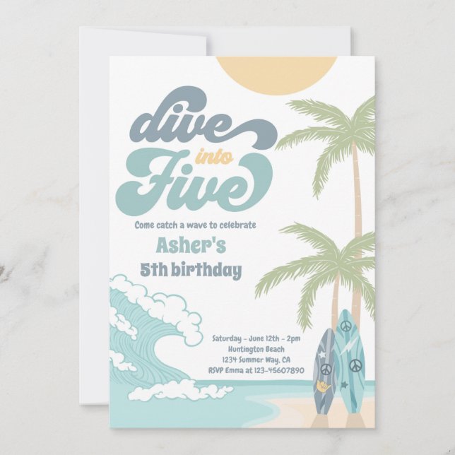 Dive Into Five Retro Surf 5th Birthday Party Invitation (Front)
