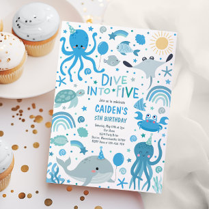 Dive Into Five Sea Creatures 5th Birthday Party Invitation