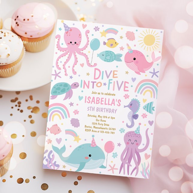 Dive Into Five Sea Creatures 5th Birthday Party Invitation (Creator Uploaded)