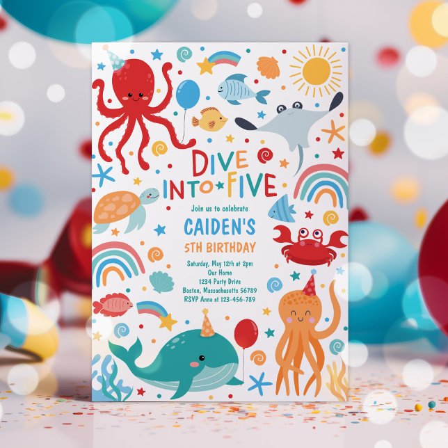 Dive Into Five Sea Creatures 5th Birthday Party Invitation (Creator Uploaded)