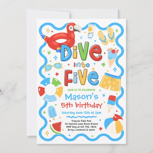 Dive Into Five Summer Pool Party 5th Birthday Invitation (Front)