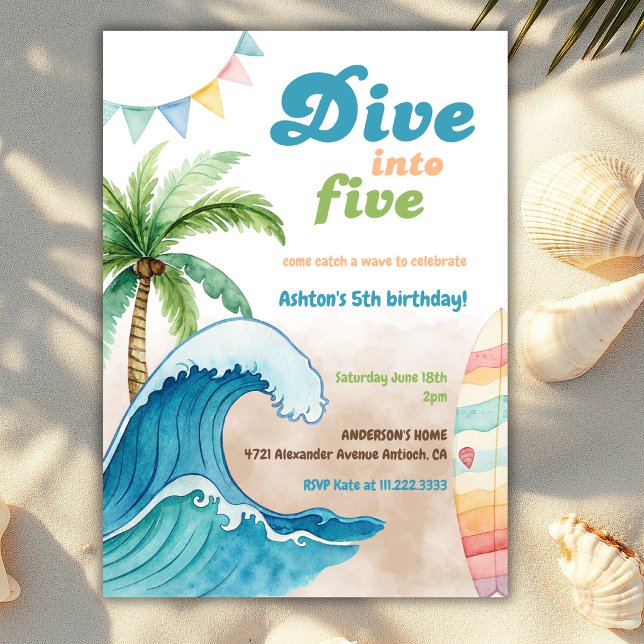 Dive Into Five Surf board Beach 5th Birthday Party Invitation (Creator Uploaded)