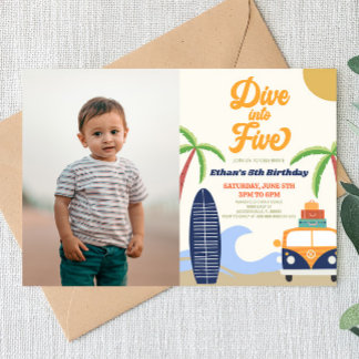 Dive Into Five Surf Board Blue 5th Birthday Party Invitation
