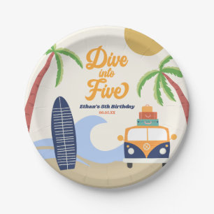 Dive Into Five Surf Board Blue 5th Birthday Party Paper Plate