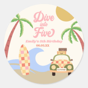 Dive Into Five Surf Board Pink 5th Birthday Party Classic Round Sticker