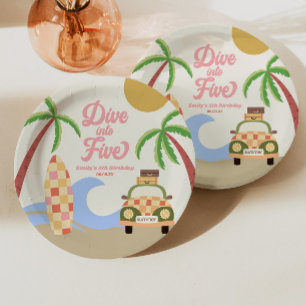 Dive Into Five Surf Board Pink 5th Birthday Party Paper Plate