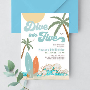 Dive Into Five Surfing Boy 5th Birthday Party Invitation