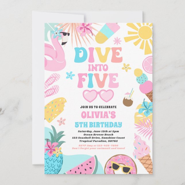 Dive Into Five Tropical Beach 5th Birthday Party Invitation (Front)