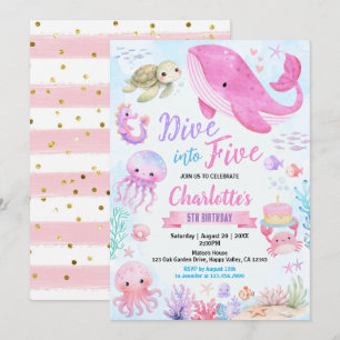 Dive into Five Under The Sea 5th Birthday Pink Invitation