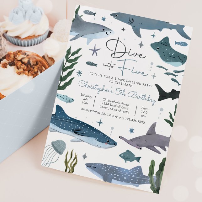 Dive Into Five Under The Sea Shark Birthday Party Invitation (Creator Uploaded)
