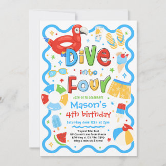 Dive Into Four Summer Pool Party 4th Birthday Invitation